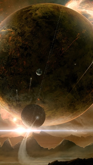 Digital universe artwork with planets and spacecraft
