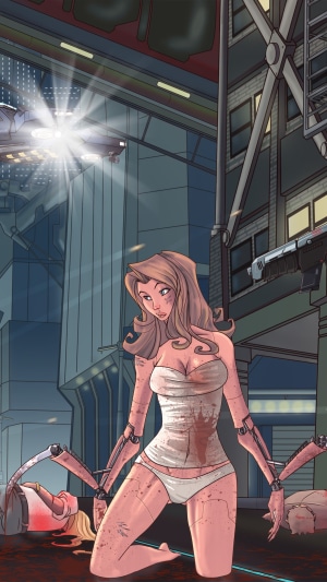 Cyberpunk 2077 Artwork of a damaged android in a city