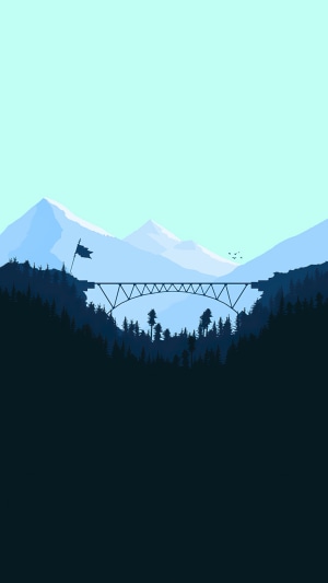 Minimalist bridge over a forest with mountains and flag