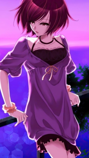 Anime girl in purple dress with dark top