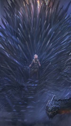 Daenerys Targaryen from Game of Thrones on the Iron Throne with a dragon
