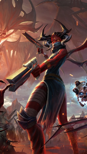 Red demon with horns and guns in a hellish landscape