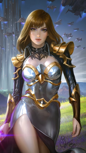 Woman in futuristic armor with flying vehicles