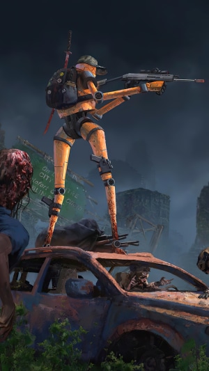 Robot with sniper rifle and zombies in post-apocalyptic city