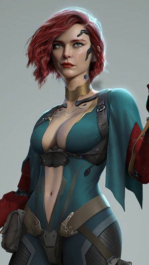 Cyberpunk 2077 character with red hair and cybernetic implants