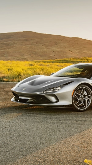 Silver Ferrari F8 Tributo parked on a road with yellow flowers