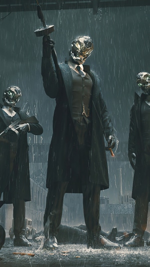 Men in suits with metallic masks in the rain