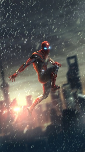 Spiderman in a city during a rainstorm