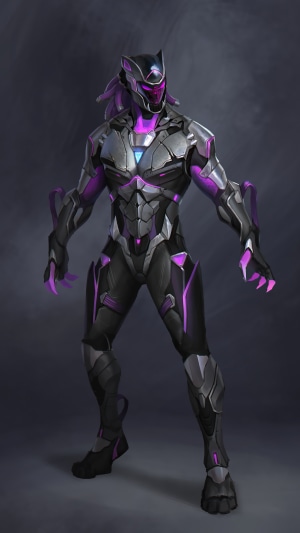 Artwork of a futuristic armored character with purple accents