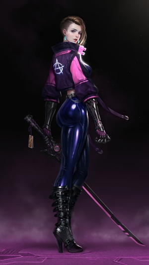 Cyberpunk woman with sword and mohawk