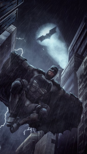 Batman in a dark, rainy city with bat-signal
