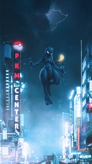 Mewtwo from Pokemon in a rainy city at night