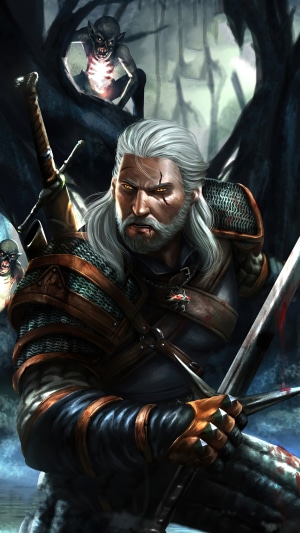 Geralt of Rivia from The Witcher fighting monsters