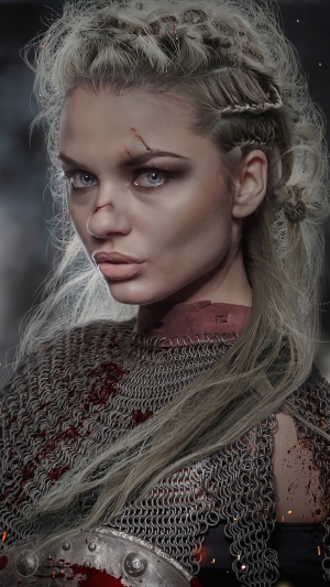 Viking warrior woman with chainmail and blood