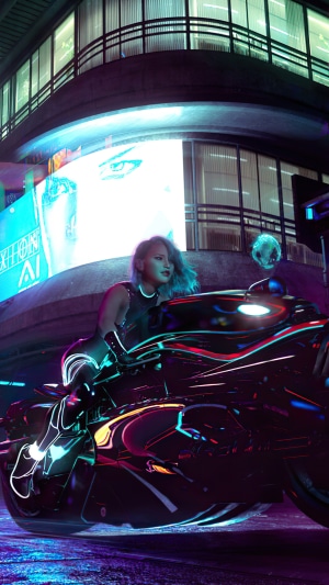 Cyberpunk woman on a motorcycle with AI billboard