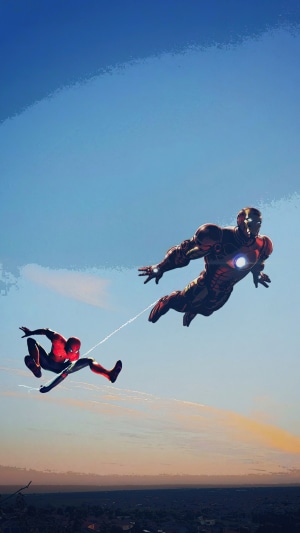 Iron Man and Spider-Man flying in the sky