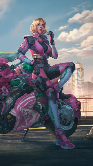 Cyberpunk biker woman smoking on a pink motorcycle