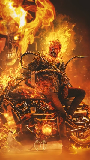 Ghost Rider on a motorcycle with flaming skull