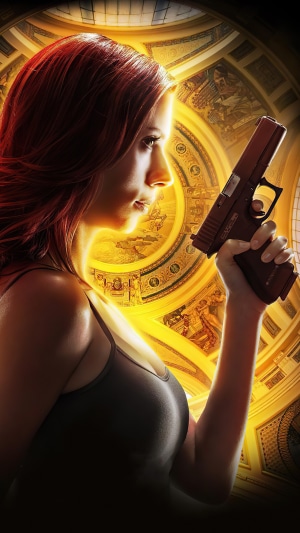 Black Widow from Marvel Comics holding a gun