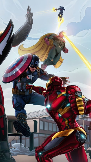 Captain America and Iron Man fighting, with Vision and War Machine