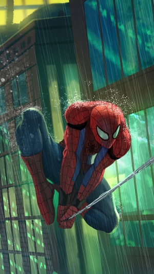Spiderman swinging through a rainy city