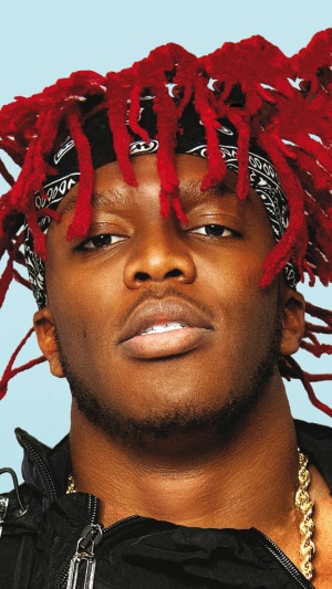 KSI with red dreadlocks and bandana