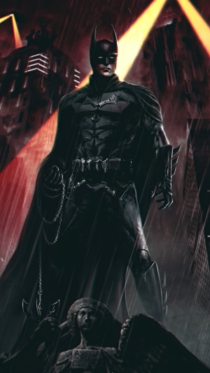 Batman in a dark city with red lights