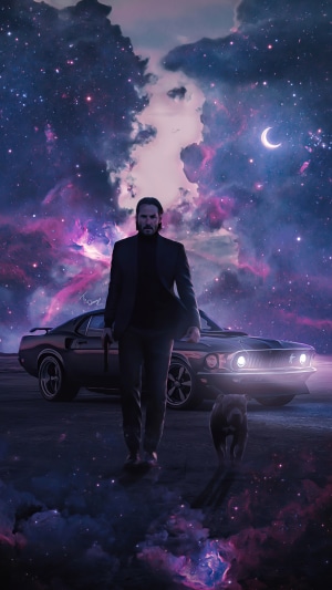 John Wick with dog and car in space