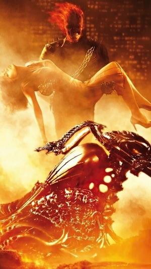 Ghost Rider carrying a woman with a motorcycle