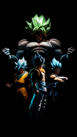 Broly, Gogeta, Goku, and Vegeta from Dragon Ball