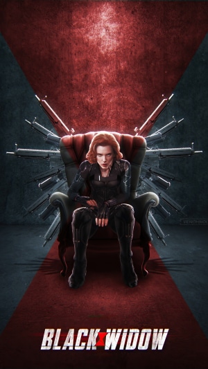 Black Widow sitting on a throne with guns