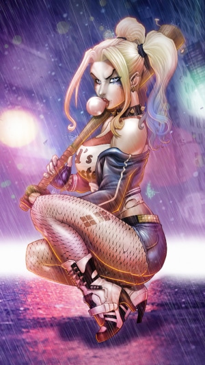 Harley Quinn with baseball bat in rain