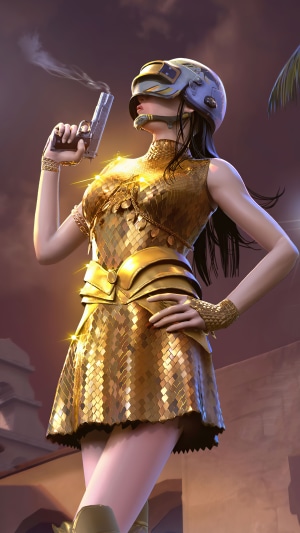 Woman in golden armor holding a gun from PUBG