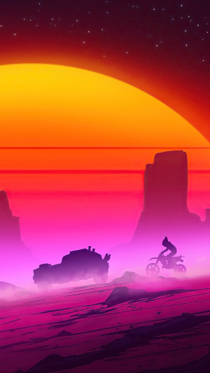 Synthwave desert landscape with vehicles