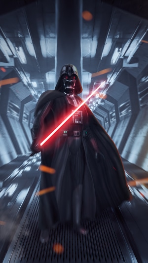 Darth Vader with red lightsaber in a futuristic corridor