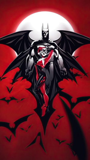 Batman and Harley Quinn with Bats and Moon