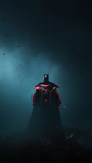 Batman with red glowing armor and cape