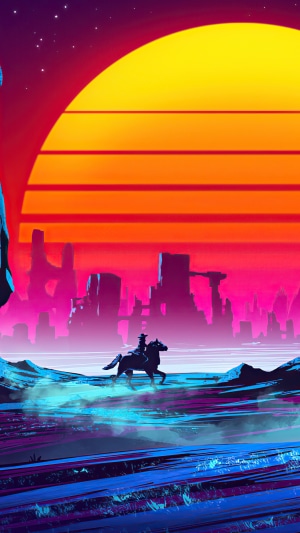 Cowboy riding a horse in a neon landscape