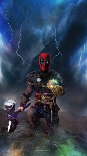 Deadpool with Mjolnir and Infinity Gauntlet
