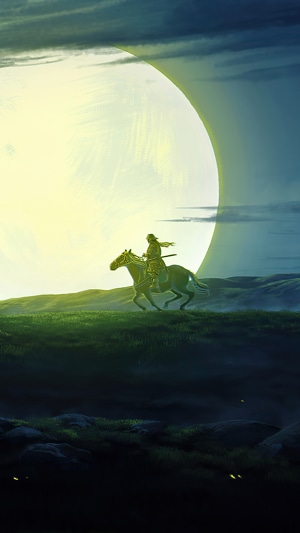 Man riding a horse under a large moon