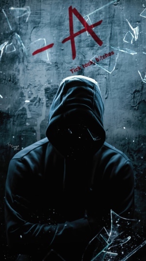 Anonymous figure with red A and 'Tick tock bitches' graffiti