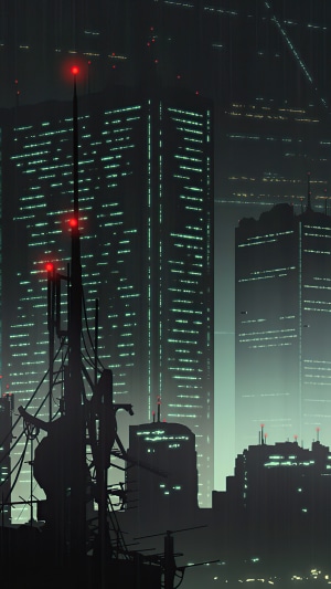 Cyberpunk Cityscape with Towers and Antennas
