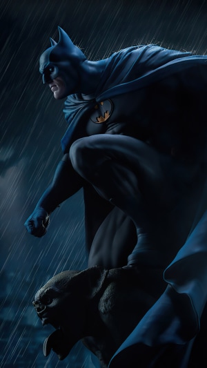 Batman crouching on a gargoyle in the rain