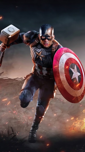 Captain America from Marvel holding Mjolnir and shield