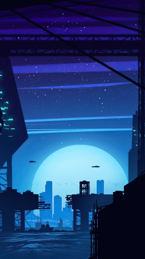 Synthwave cityscape with large moon and flying saucers
