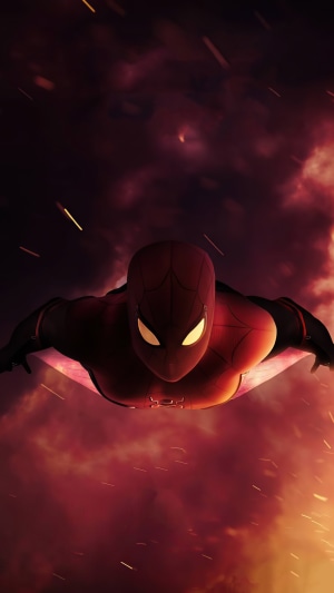 Spider-Man from Far From Home flying through smoke