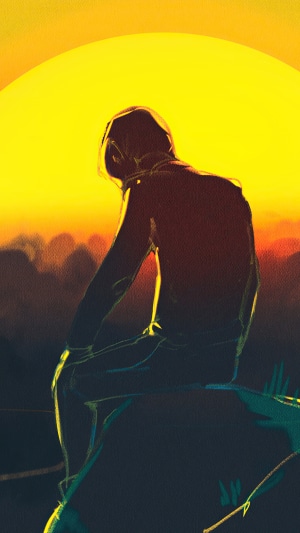Artwork of a person sitting at sunset