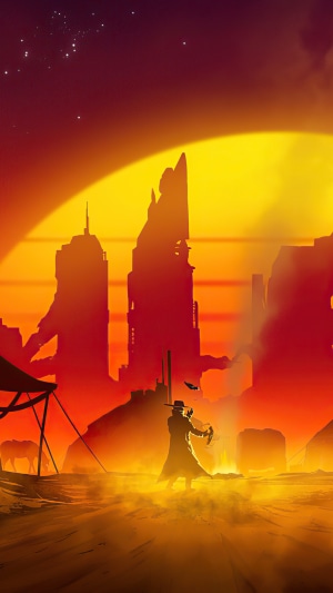 Cowboy in a desert city at sunset