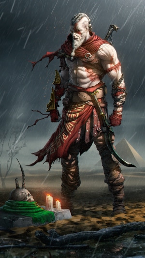 Kratos from God of War in a desert with pyramids