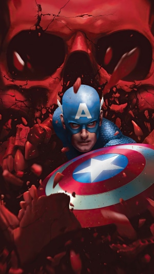 Captain America breaking through a giant red skull